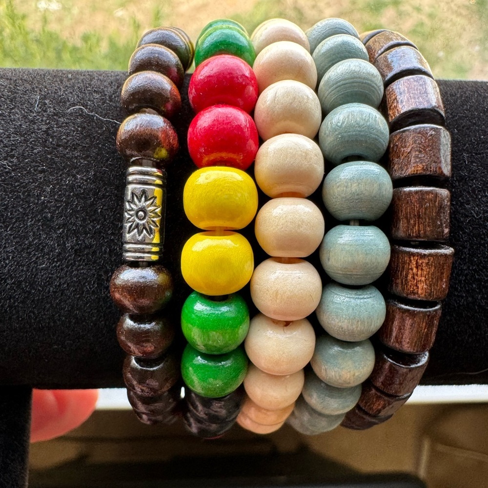 5 Wooden Beaded Bracelets handmade exquisite colors that pop unisex